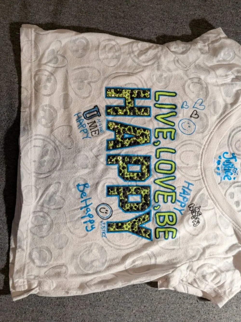 Justice Girls Size 8 White Live Love Be Happy Graphic Tank Top Smiley Heart